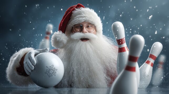 A cheerful elderly Caucasian man with a long white beard and red Santa hat holds a bowling ball, surrounded by bowling pins in a snowy setting.