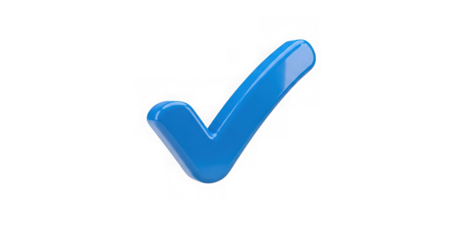 A glossy blue check mark symbol isolated on a transparent background, representing approval or correctness