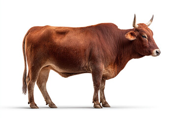 A powerful, muscular brown bull with large horns stands confidently, isolated on a bright white background, captured with realistic detail.