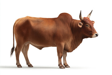 A powerful, muscular brown bull with large horns stands confidently, isolated on a bright white background, captured with realistic detail.