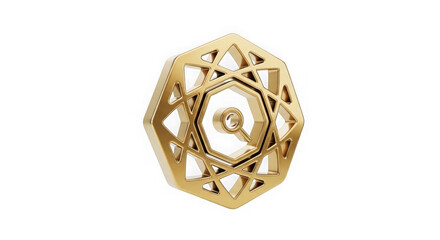 A golden geometric starburst emblem with intricate patterns, isolated on a transparent background