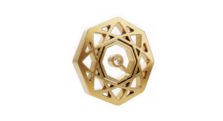 A golden geometric starburst emblem with intricate patterns, isolated on a transparent background