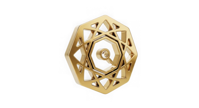 A golden geometric starburst emblem with intricate patterns, isolated on a transparent background