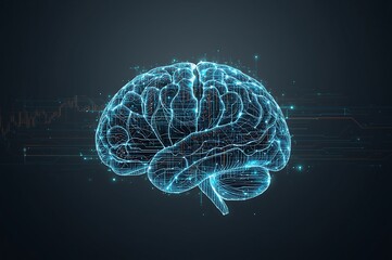 Futuristic digital brain with glowing blue neural network connections on dark background