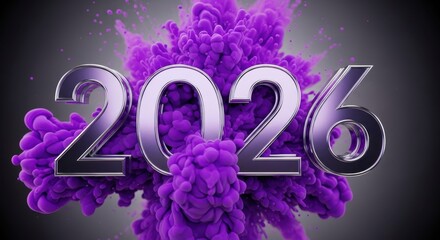 2026 metallic numbers stand out against a vibrant purple smoke explosion creating a futuristic and celebratory image perfect for new year promotions event announcements or modern design projects conv
