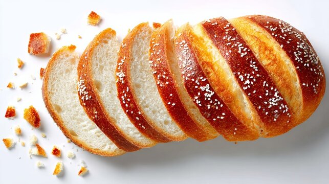 Slice of bread with sesame seeds on top. The bread is cut into six pieces. The bread is brown and has a crispy crust - Powered by Adobe