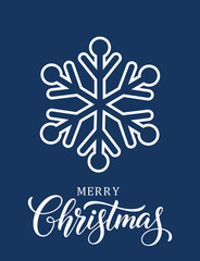 Vertical dark blue Christmas card template featuring a large, stylized white geometric snowflake centered above elegant white hand-lettered calligraphy that reads 