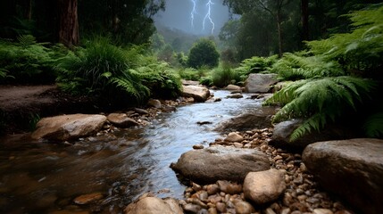 A forest stream flows through rocks and ferns under a dramatic stormy sky with lightning