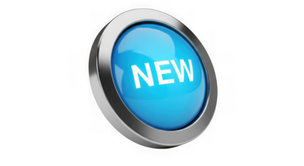 A shiny blue button with the word new in white text, isolated on a transparent background, representing newness and innovation