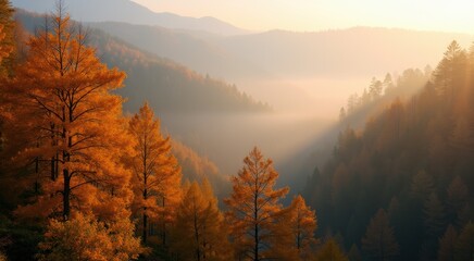 Obraz premium Trees in the foreground are yellow and orange with a foggy valley in the background