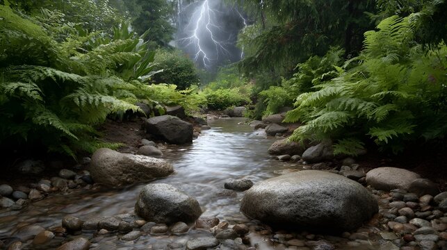 A forest stream with lush ferns and rocks flows under a dramatic lightning strike in a stormy sky - Powered by Adobe