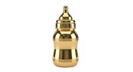 A shiny golden baby bottle isolated on a transparent background, symbolizing luxury and wealth