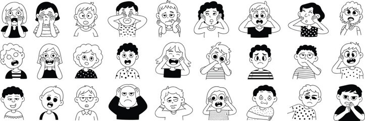 Black and white cartoon vector set of expressive children’s faces showing emotions for education, design, and storytelling themes