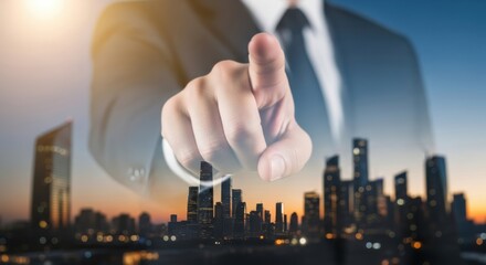Forward looking vision confident leader pointing to city skyline sunset glow urban growth business progress future opportunity decisive action innovation strategic plan.