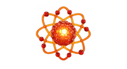 Abstract representation of an atom with a nucleus and orbiting electrons, isolated on transparent background