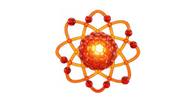 Abstract representation of an atom with a nucleus and orbiting electrons, isolated on transparent background
