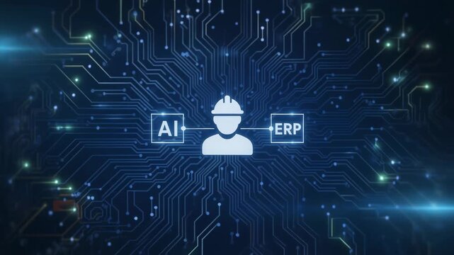 Abstract concept a construction engineer connected to artificial intelligence and enterprise resource planning in a digital network symbolized by a central technician figure with