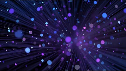 Abstract color stream purple and blue particles radiating outward creating a dynamic light burst with luminous dots and fiber-like trails conveying motion and energy - Powered by Adobe