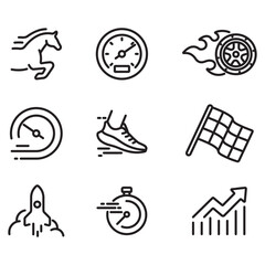 Speed ​​icon set. Vector line style. Contains icons such as speedometer, progress bar, stopwatch and more.