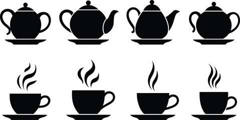 Black and white teapot and teacup silhouette vector set with steam and saucers for beverage and kitchen design themes