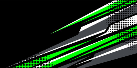 Dynamic green racing stripes abstract background featuring sharp geometric lines, halftone dots, and high-energy motion effects.