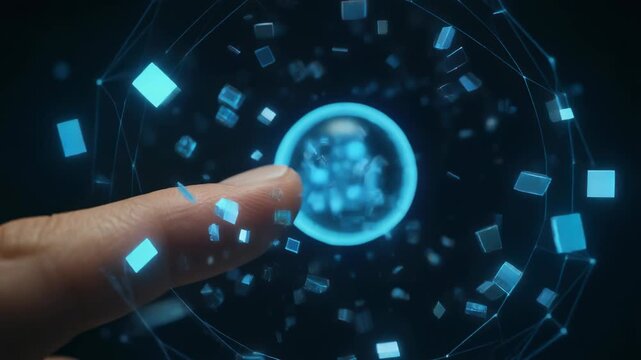 Bright digital AI concept showcasing a glowing orb labeled AI held between fingers with floating particles and a dark background Abstract technology theme emphasizing artificial