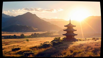 Fototapeta premium A traditional pagoda stands on a hill with dry grass, silhouetted against a vibrant golden sunset with mountains in the background.