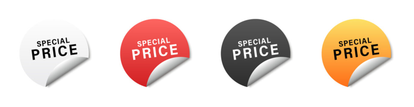 Round special price labels with curled corners and smooth color variations. Each sticker has bold text that highlights an important discount message