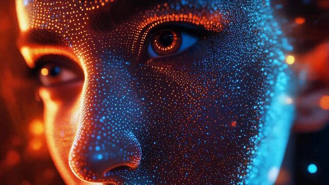 Abstract digital portrait with a close up profile a human face illuminated by neon orange and blue particles and light trails dynamic cinematic sci fi aesthetic futuristic texture