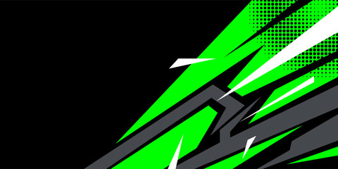 Dynamic green racing stripes abstract background featuring sharp geometric lines, halftone dots, and high-energy motion effects.