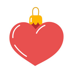 Christmas ornament shaped heart in vibrant red, featuring golden cap and loop. Ideal for holiday greeting cards, festive decals, romantic winter themes, and celebration designs. Vector illustration