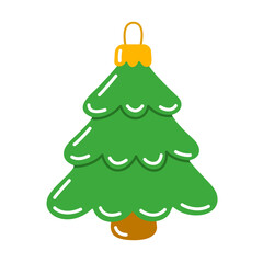 Bright Christmas ornament shaped like traditional green spruce or fir tree. Colorful flat vector illustration. Ideal for holiday greeting cards, festive decals, winter decor, and celebration themes.