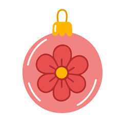 Fototapeta premium Pink bauble, Christmas ornament decorated with red flower, featuring golden cap and loop. Colorful flat vector illustration. For holiday greeting cards, winter decor, festive decals, stickers
