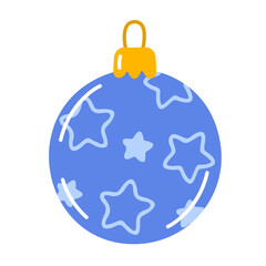 Fototapeta premium Blue bauble, Christmas ornament decorated with stars, featuring golden cap and loop. Colorful flat vector illustration. For holiday greeting cards, winter decor, festive decals, stickers