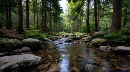 A serene forest stream flows over mossy rocks illuminated by soft morning light filtering through dense trees