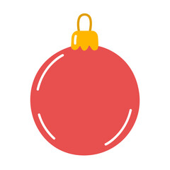Red bauble, Christmas ornament decorated, featuring golden cap and loop. Colorful flat vector illustration. For holiday greeting cards, winter decor, stickers, and celebration themes with copy space
