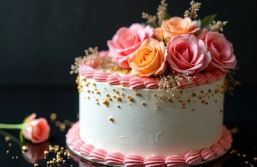 Naklejka premium White wedding cake with pink frosting, decorated with real roses and gold sprinkles. Served on a black background, looks elegant and sweet for any celebration.