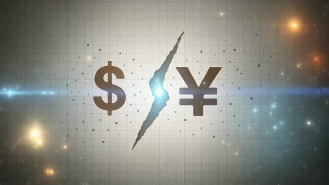 Minimalist grid design featuring a torn diagonal crack with two currency symbols on each side to suggest division or comparison value