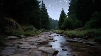 A stone path winds beside a flowing stream through a dense forest under a starry night sky