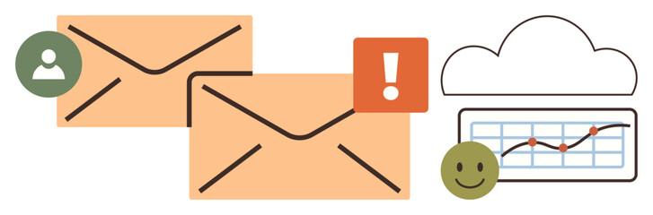 Envelopes, alert icon, user profile, cloud with graph displaying data trends, and happy. Ideal for communication, notifications, cloud storage, email alerts data analytics user feedback teamwork