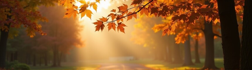 Fototapeta premium Sunlight shining through the trees onto a path in a park