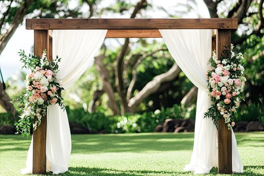 Wooden wedding arch draped in white fabric with floral arrangements. Lush greenery and a grassy backdrop