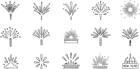 Collection of festive fireworks and sparkling celebration icons ideal for new year design elements