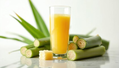 Naklejka premium Tall glass holds fresh sugarcane juice surrounded by cut cane stalks and leaves. A cube of sugar sits nearby on a reflective surface. This drink offers natural sweetness and energy.