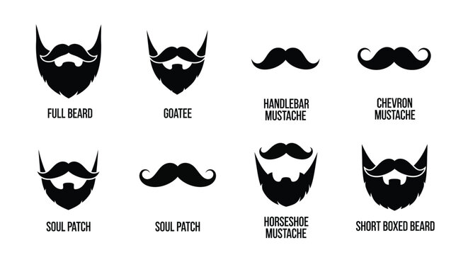 Various styles of facial hair and beards illustrated in a black and white design