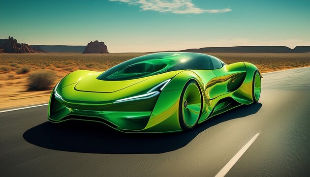 lime green futuristic car on desert highway