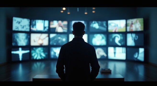 Man in front of a wall of multiple televisions