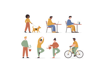 A collection of diverse, modern characters engaged in various everyday activities, illustrating concepts of lifestyle, work-life balance, hobbies, and wellness.