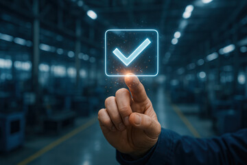 Clear check mark symbol indicating approval in a modern industrial setting user hand pressing glowing icon safety and quality assurance concept