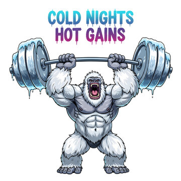 Muscular white yeti mascot lifting an icy barbell overhead, roaring with 'Cold Nights Hot Gains' slogan, a powerful cartoon vector illustration for winter fitness and strength, isolated on transparent